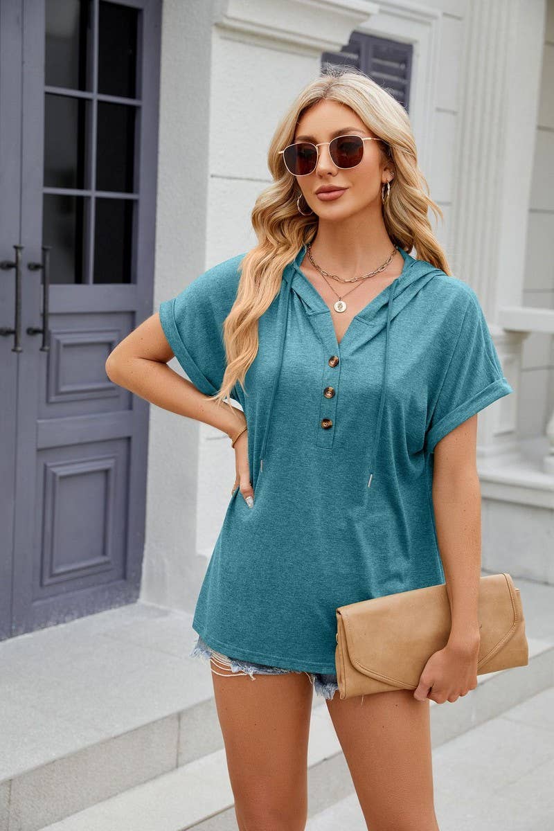 CWOHOS0016_Button Neck Short Sleeve Hoodi Knit Top