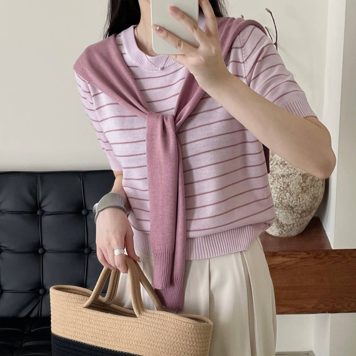 Literary cape striped knitted blouse two-piece set