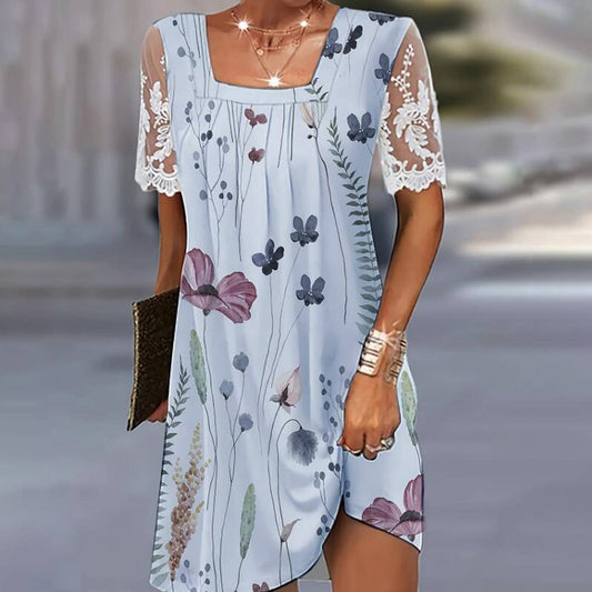 Square collar lace patchwork floral loose dress