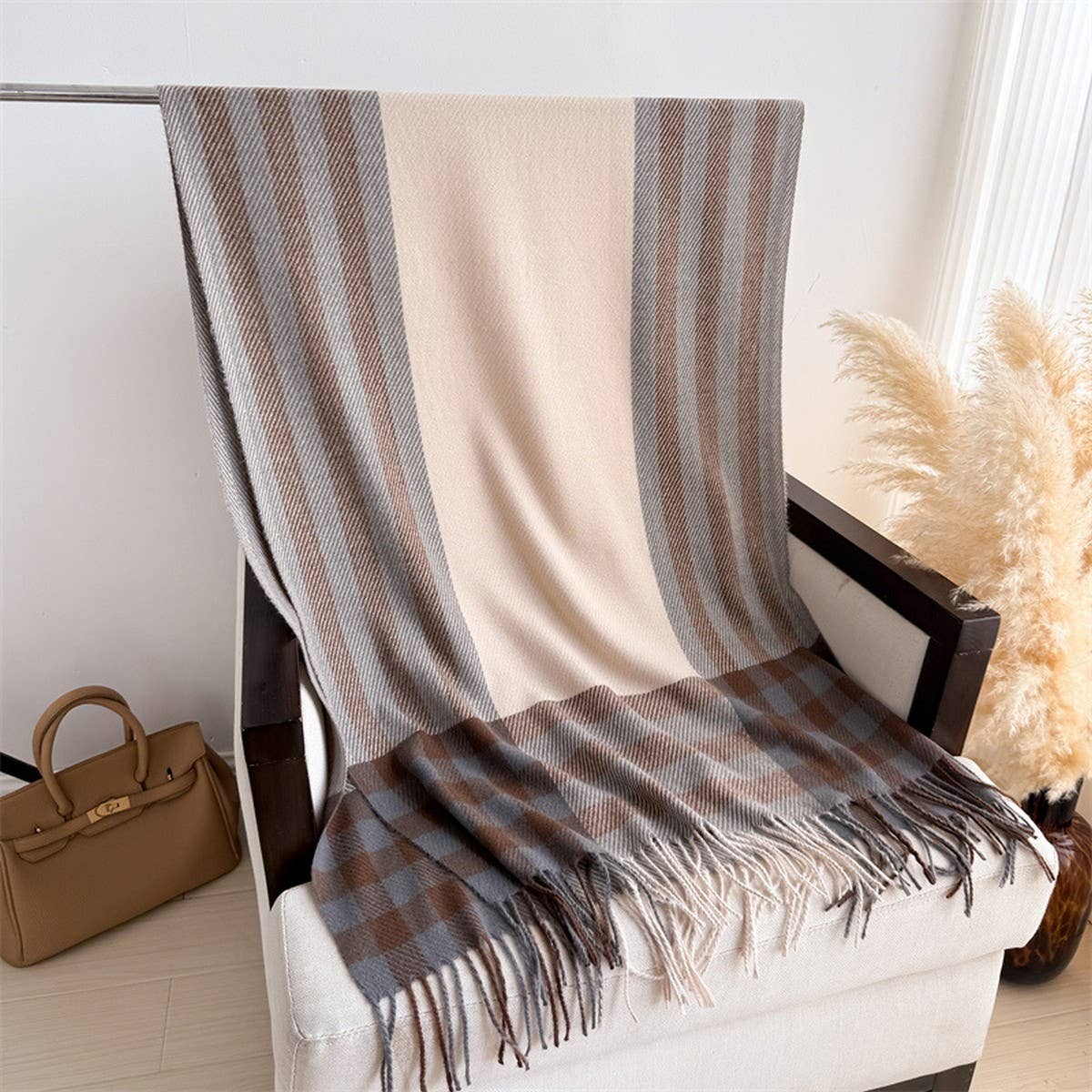 Modern Plaid Fringe Scarf with Luxe Texture