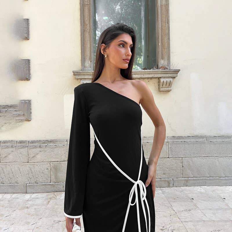 TEMPERAMENT ONE-SHOULDER COLOR EDGE LACE DRESS