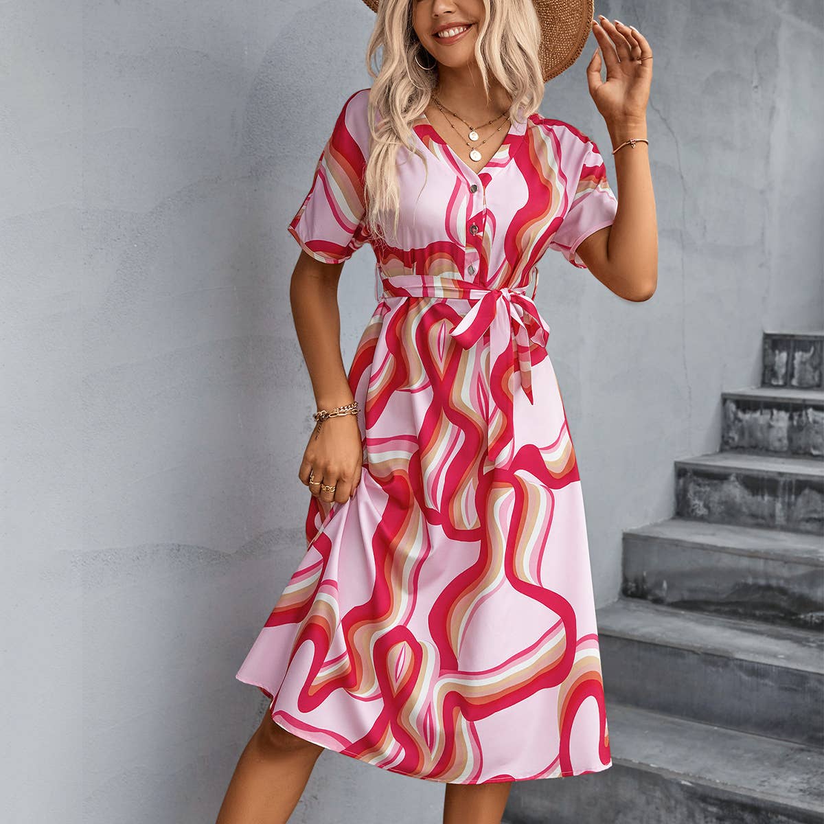 V-NECK SINGLE-BREASTED LACE-UP LONG DRESS