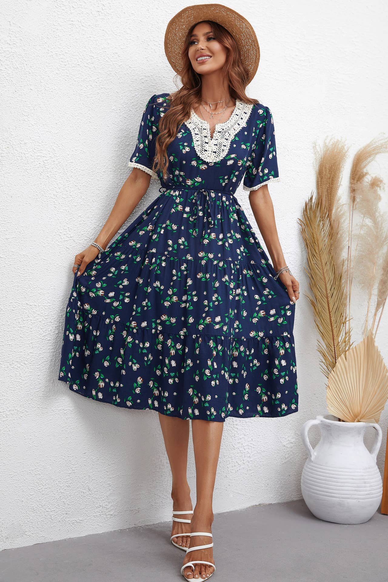 FASHION FLORAL V-NECK SHORT-SLEEVED DRESS
