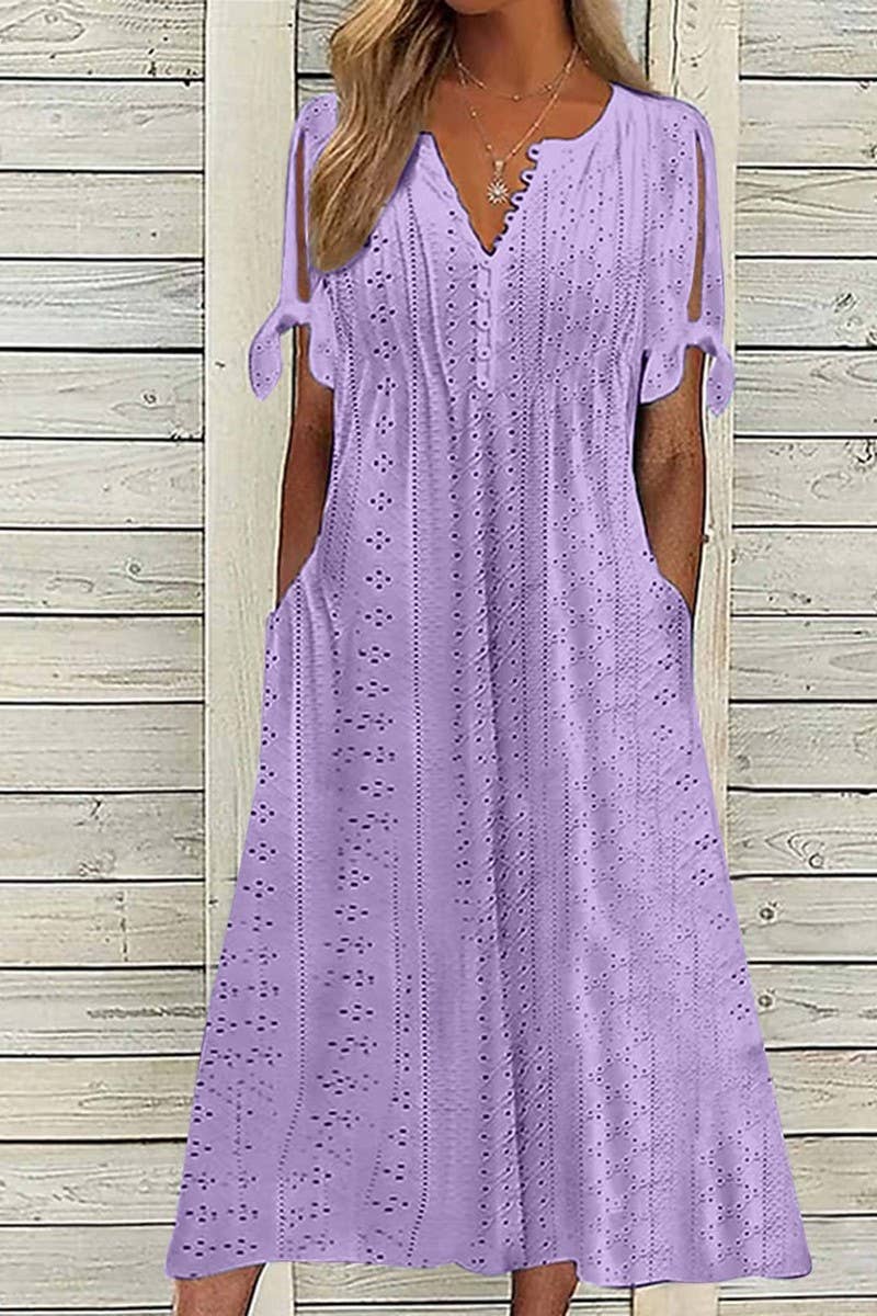 CWDMD5497_SUMMER V-NECK LACE HOLLOW RUFFLE DRESS