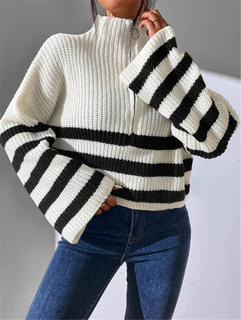Striped color-blocking stand-up knitted sweater