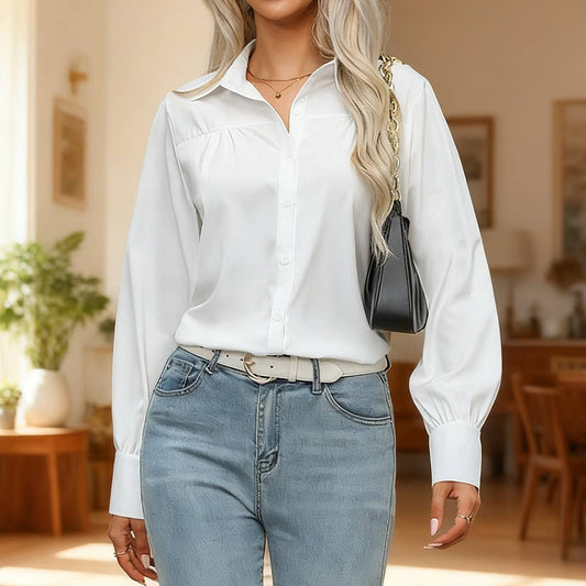 Lantern-sleeve pleated stand collar loose shirt