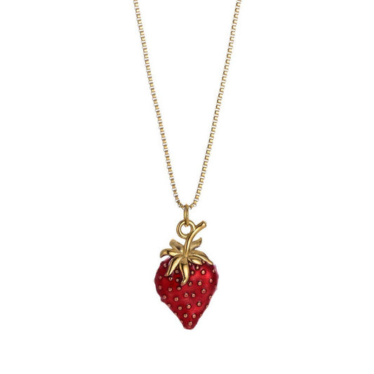 Enamel Heart Necklace with Strawberry Charm