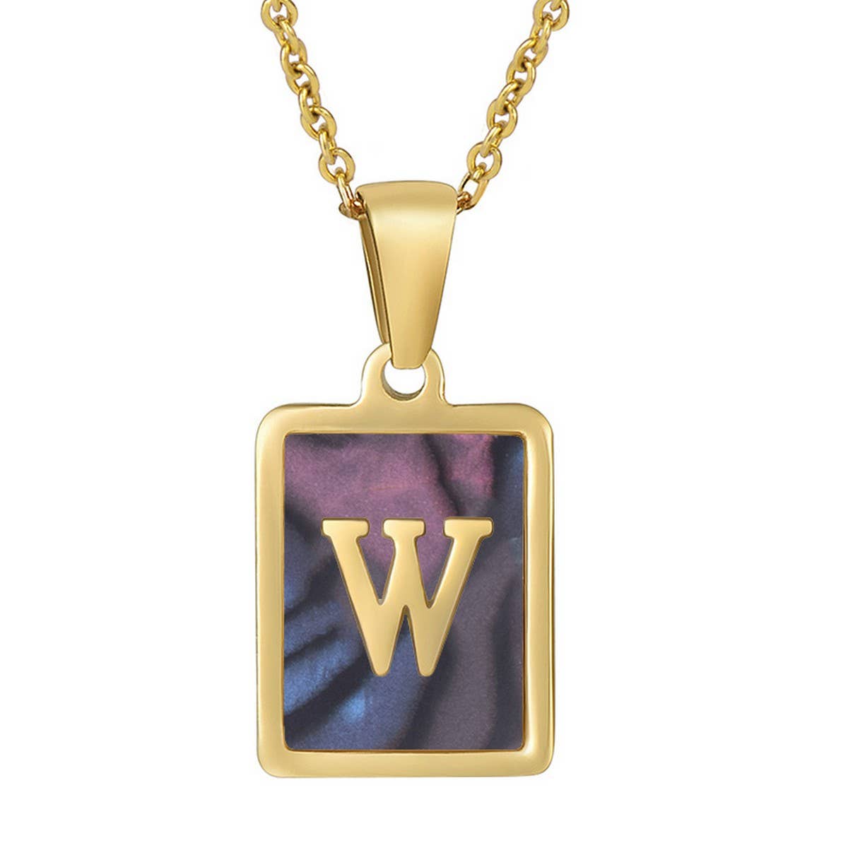 CWAJE1930_Square Stainless Steel Color Shell Letter Necklace