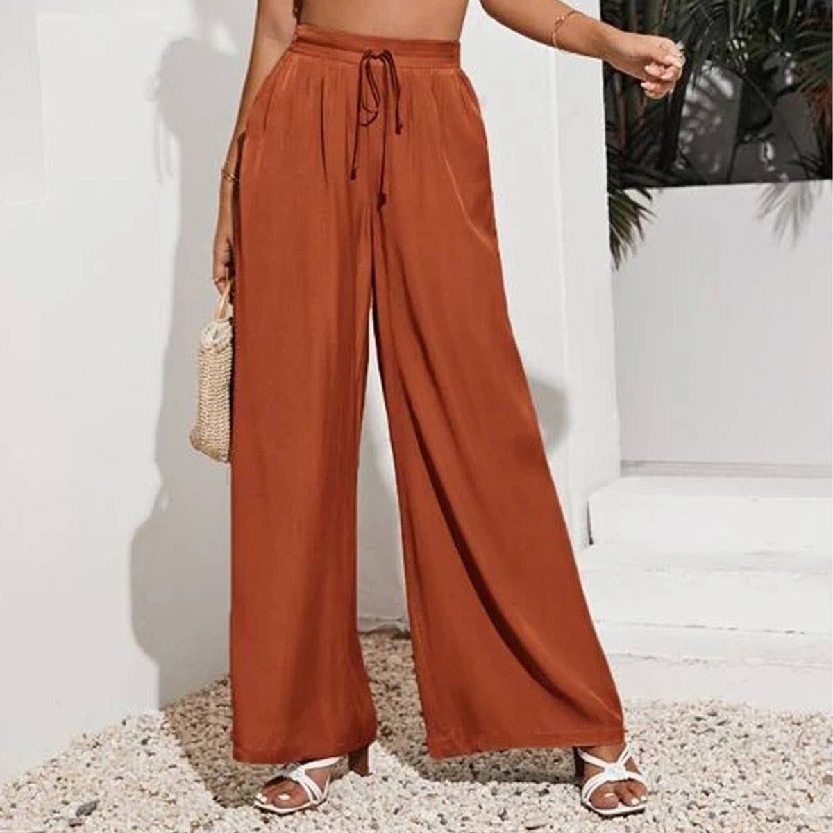 Solid-color loose tight waistband wide-leg pants