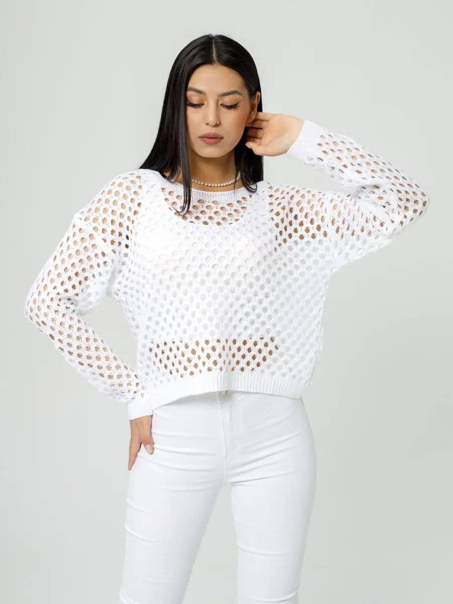 SOLID COLOR CREW-NECK HOLLOW-OUT LONG-SLEEVED TOP