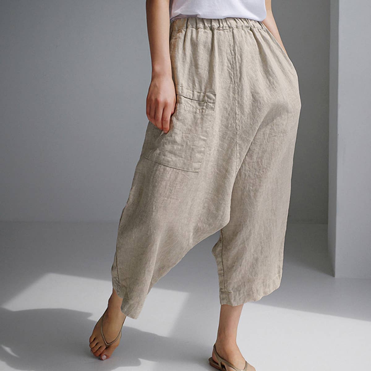 FABRIC LINEN-COTTON NINE-MINUTE WIDE-LEG PANTS