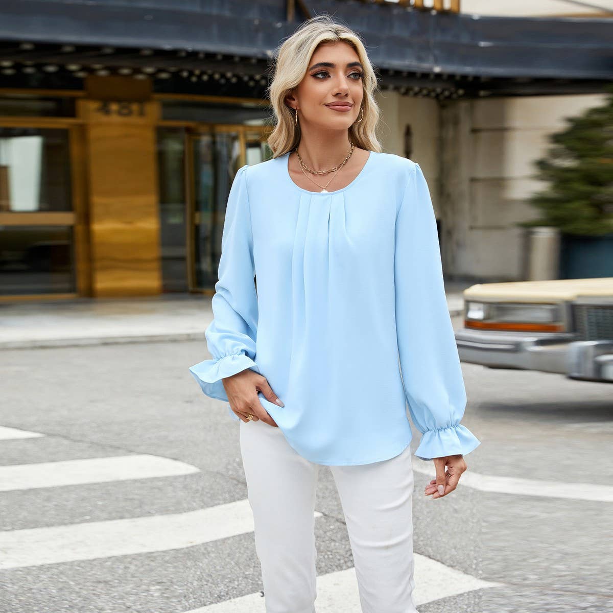 Solid color crew-neck long-sleeved loose chiffon