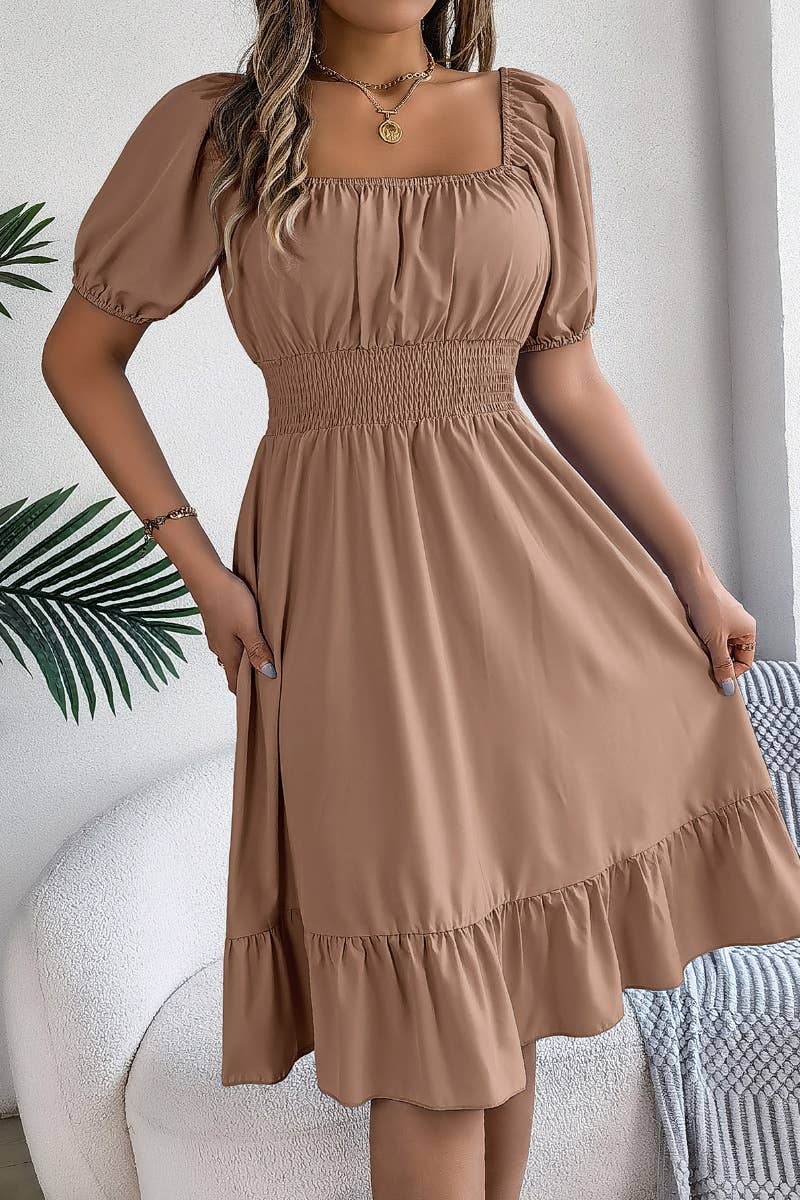 CWDSD4632_SQUARE NECK SHORT SLEEVE WAIST PEPLUM DRESS