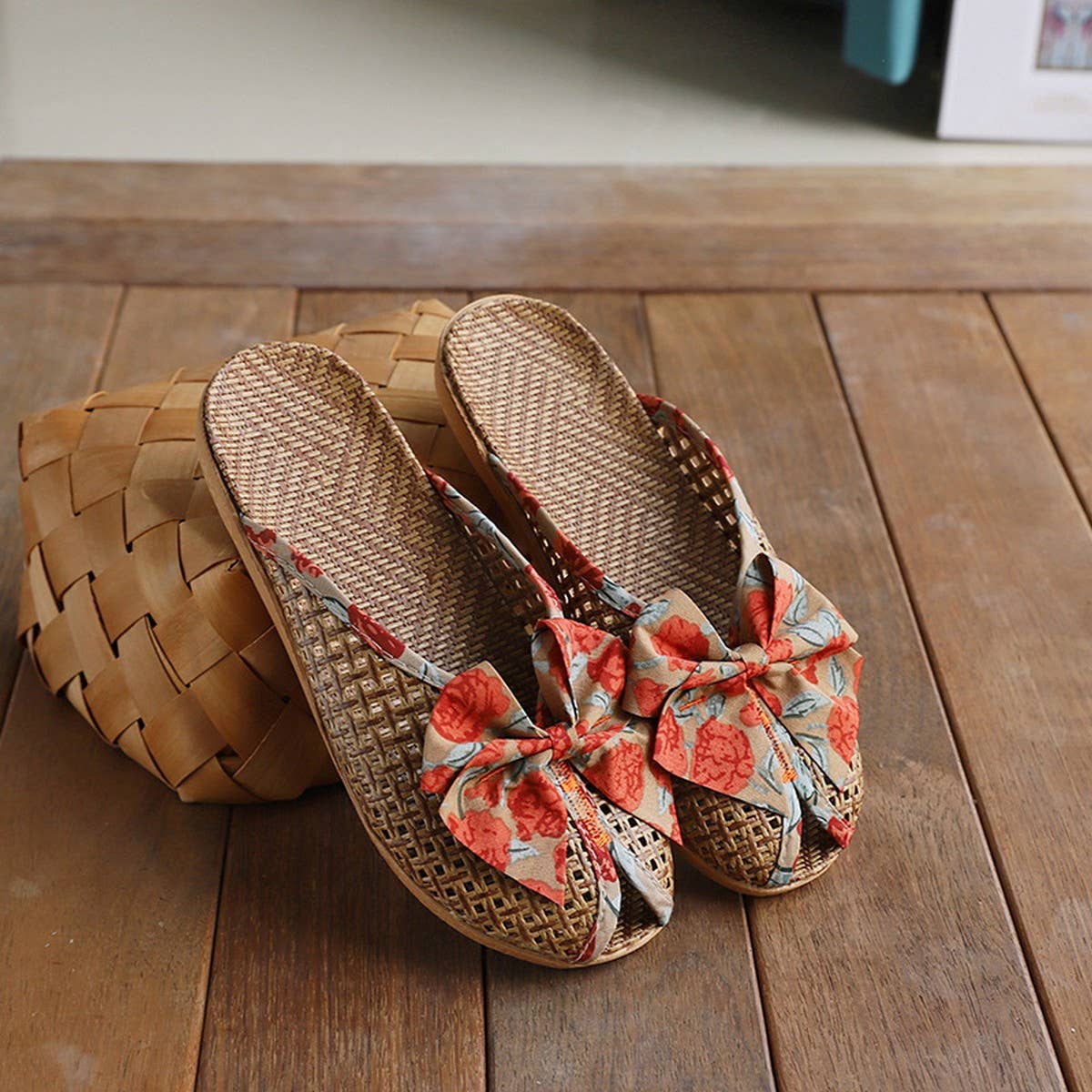 Summer Woven Linen Bow Mules for Home