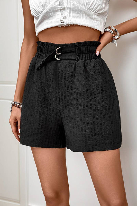CWBSP0439_COMFORTABLE HIGH WAIST TIE BLACK CRINKLED SHORTS
