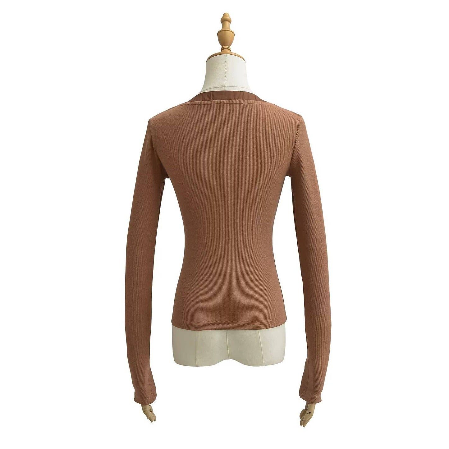 Elastic long-sleeved V-neck lace-up slim T-shirt