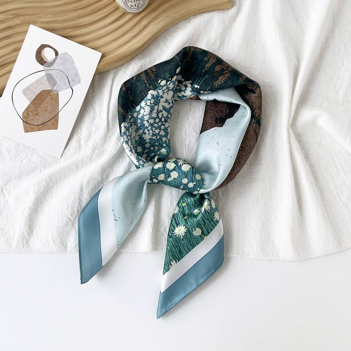 Mint Mambo Style Cartoon Print Satin Square Scarf