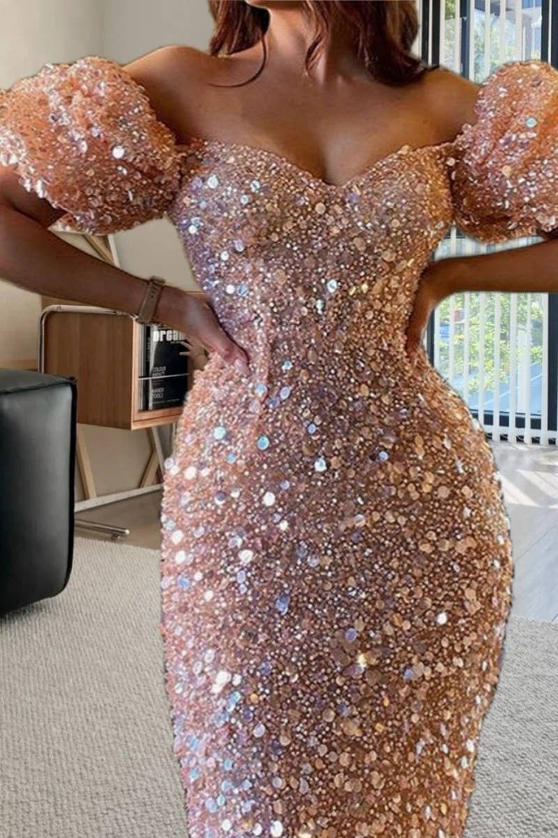 CWDMD5636_PARTY PUFF SLEEVE DEEP V SEQUINED EVENING DRESS