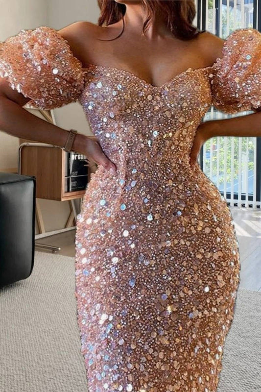 CWDMD5636_PARTY PUFF SLEEVE DEEP V SEQUINED EVENING DRESS