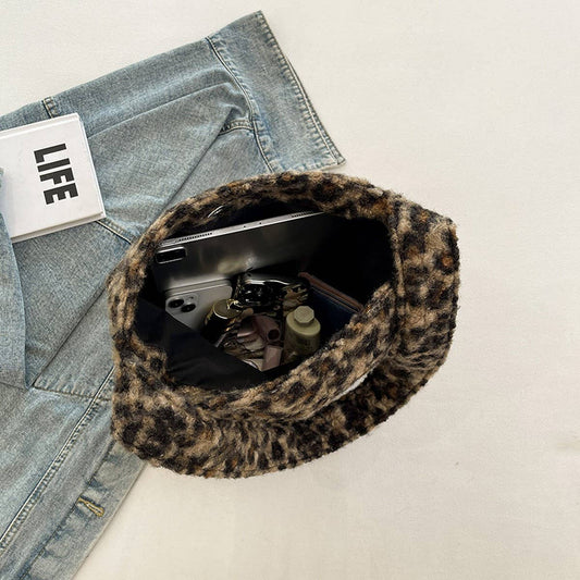 WINTER LEOPARD PRINT SHOULDER BAG BUCKET PLUSH BAG_CWAB3973
