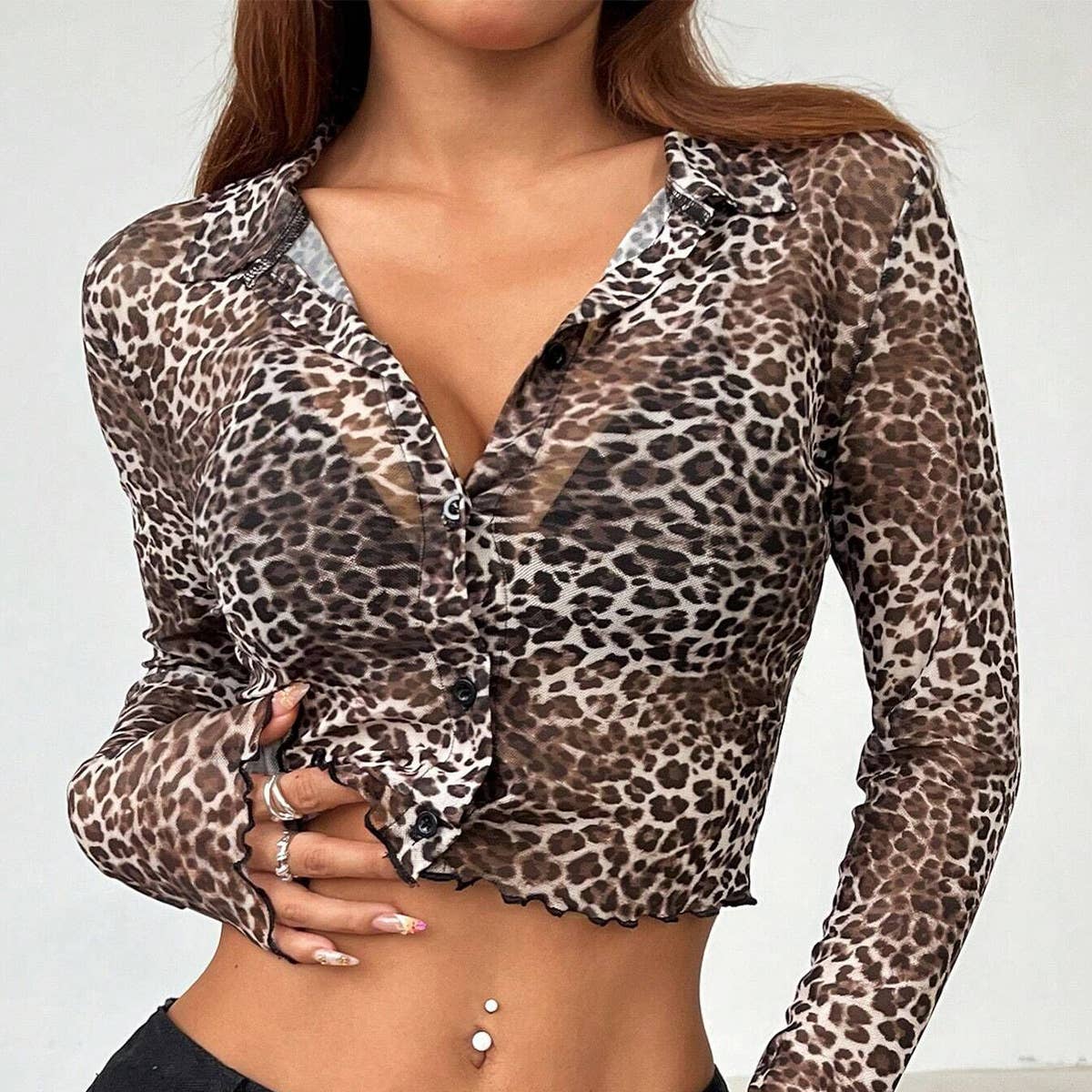 Leopard print mesh single-breasted shirt