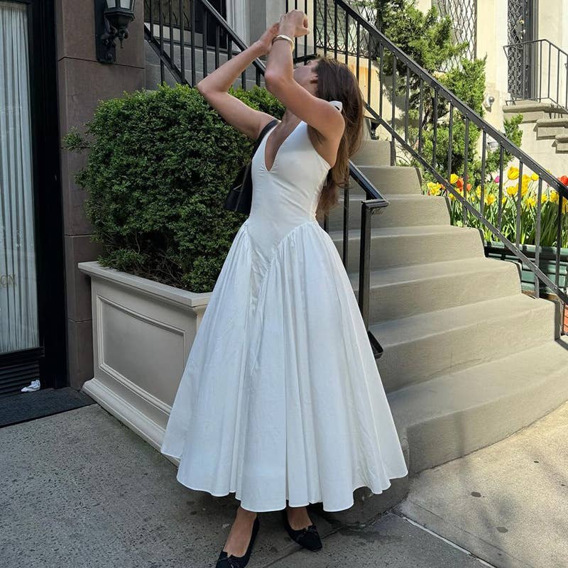 Solid Deep V Halter Cutout Flare Dress