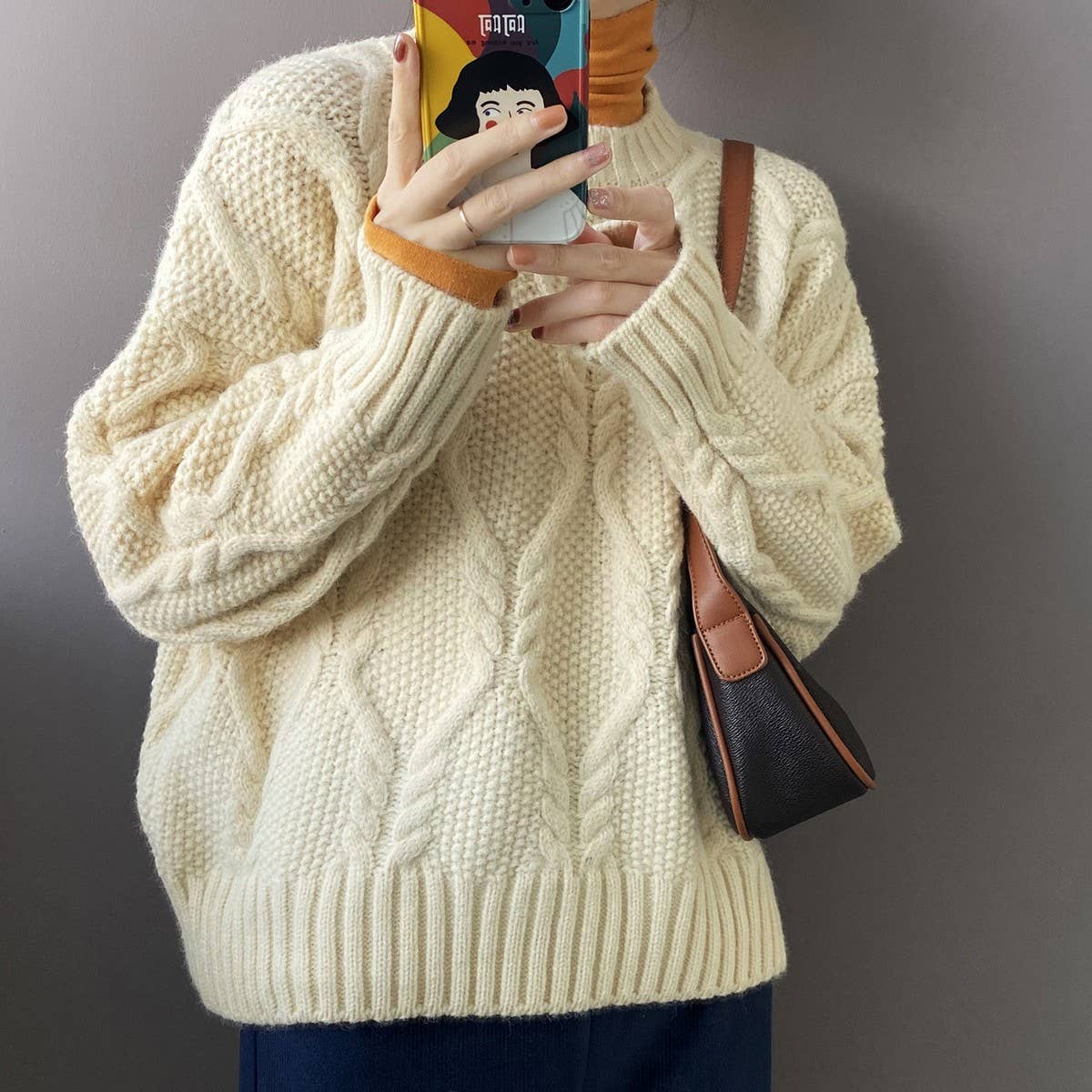 Twist loose solid color crew neck pullover sweater