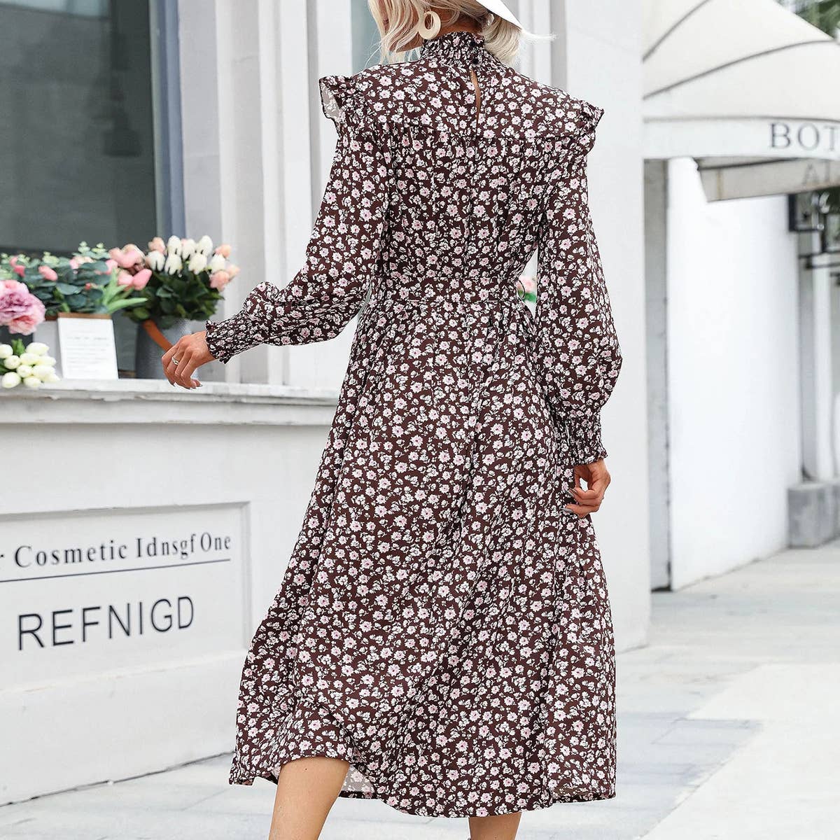 WOODEN EAR SLEEVES WITH BELT FLORAL PRINT DRESS