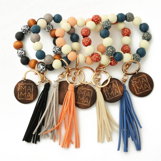 Leopard Wood Bead Bracelet with Tassel Keychain_CWAB5013