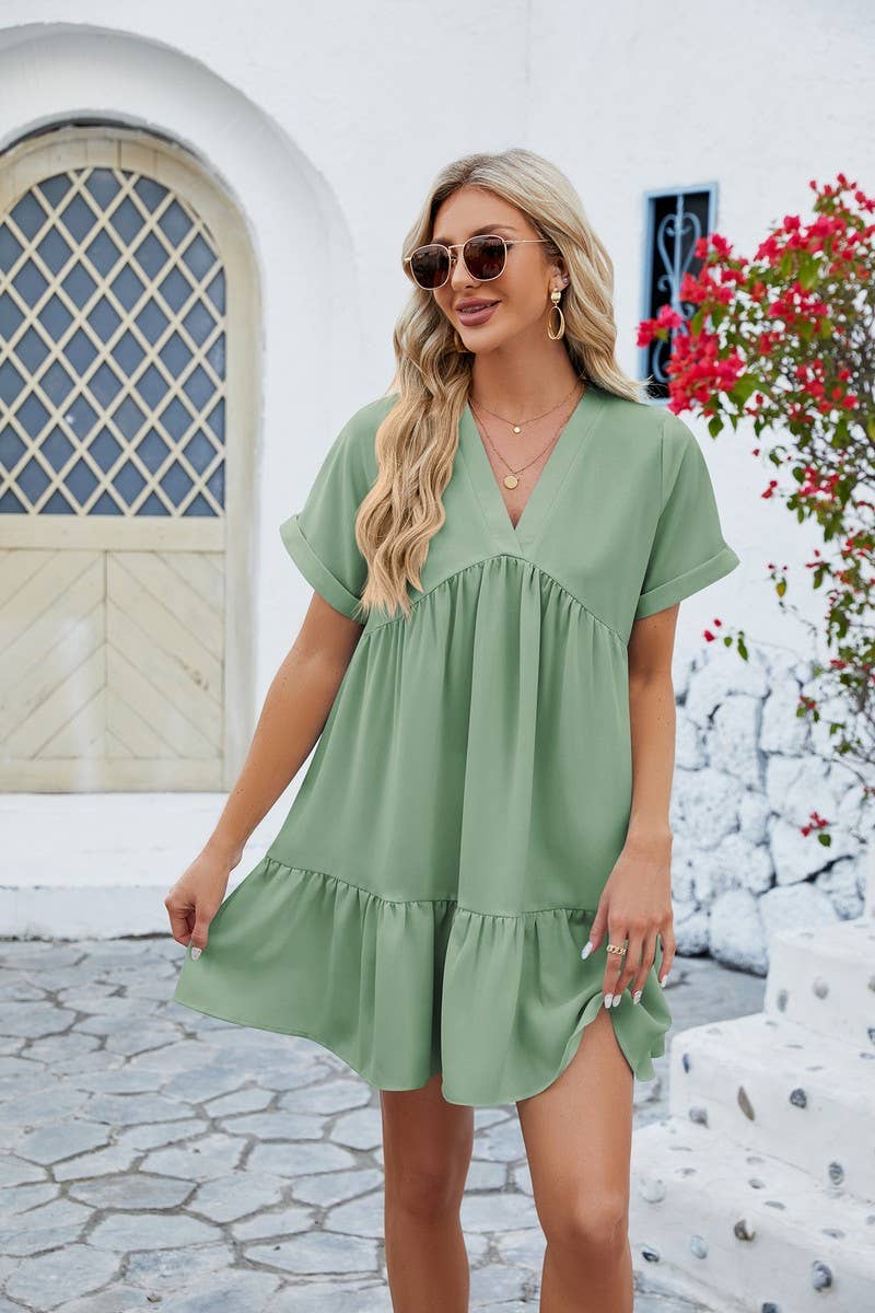 CWDSD3113_V Neck Tiered Short Sleeve Dress