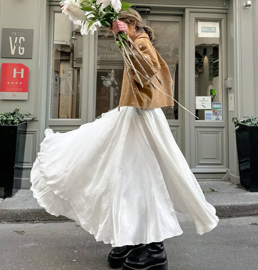 French style high waist slit midi skirt