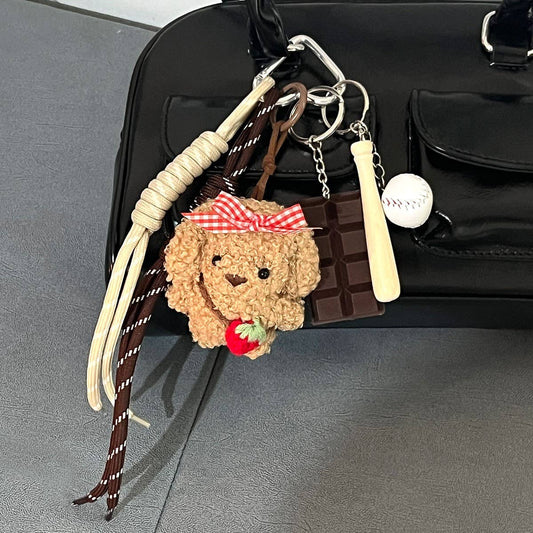 Fluffy Dog Doll Keychain with Bow & Cord