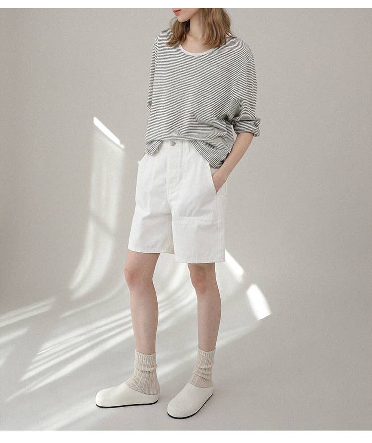 LONG SLEEVE LOOSE COTTON LINEN STRIPED T-SHIRT