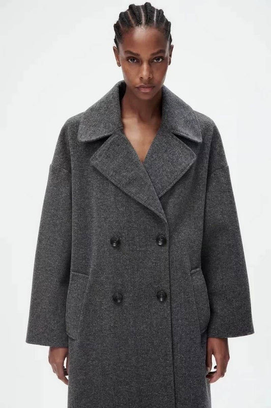 CWOCO1098_SOLID COLOR LAPEL LOOSE DOUBLE-BREASTED LONG COAT