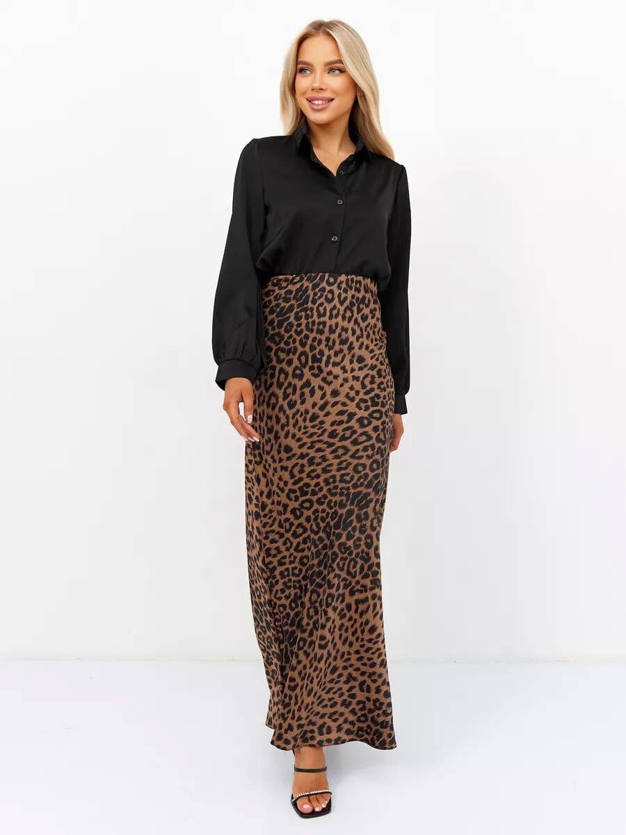SEXY SATIN LEOPARD PRINT HIGH-WAISTED SKIRT