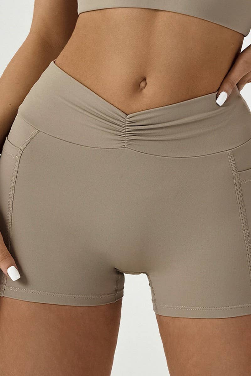 CWBSP0443_PLEATED POCKET HIGH WAIST FITNESS YOGA SHORTS