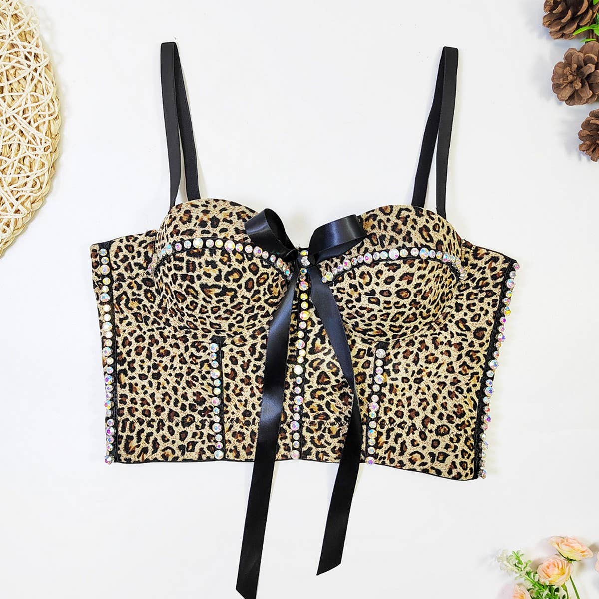 LEOPARD PRINT BOW HERRINGBONE BRA WITH RHINESTONES