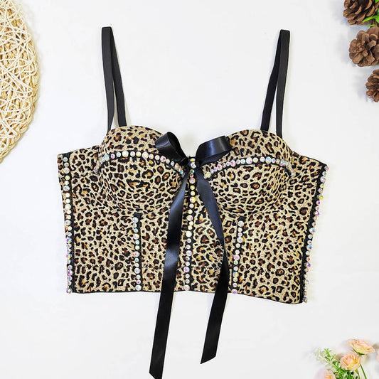 LEOPARD PRINT BOW HERRINGBONE BRA WITH RHINESTONES