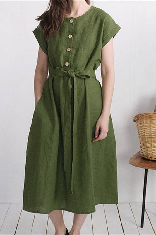 CWDMD3164_COTTON AND LINEN LACE-UP SINGLE-BREASTED DRESS