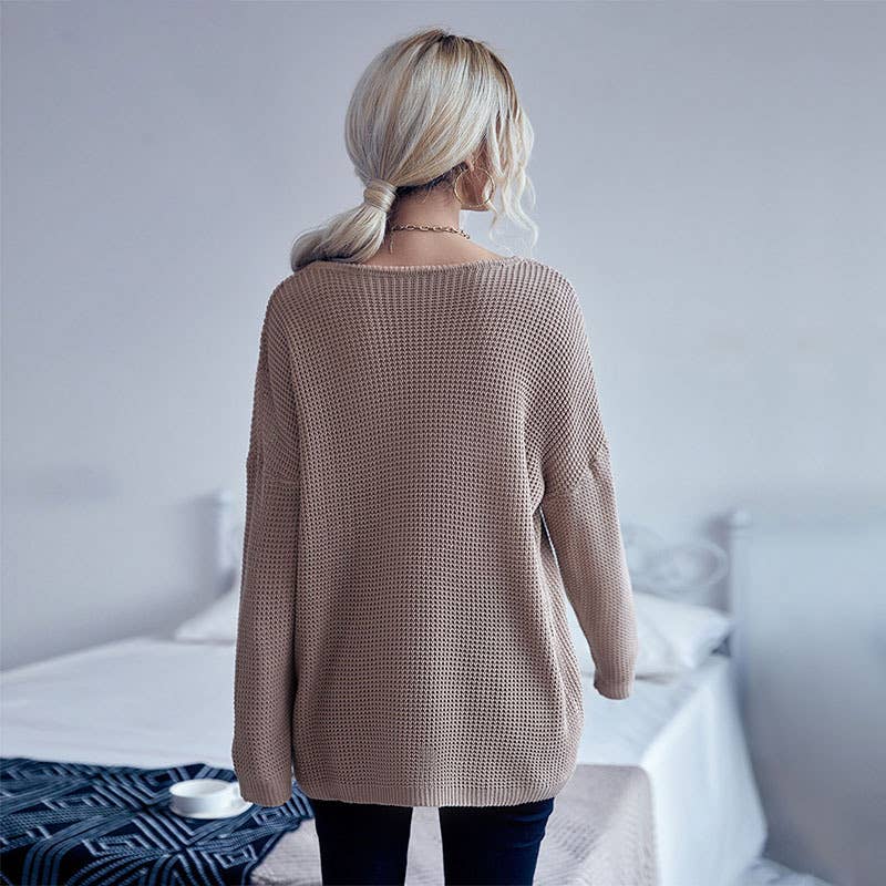 V-NECK LONG SLEEVE SOLID COLOR WAFFLE SWEATER