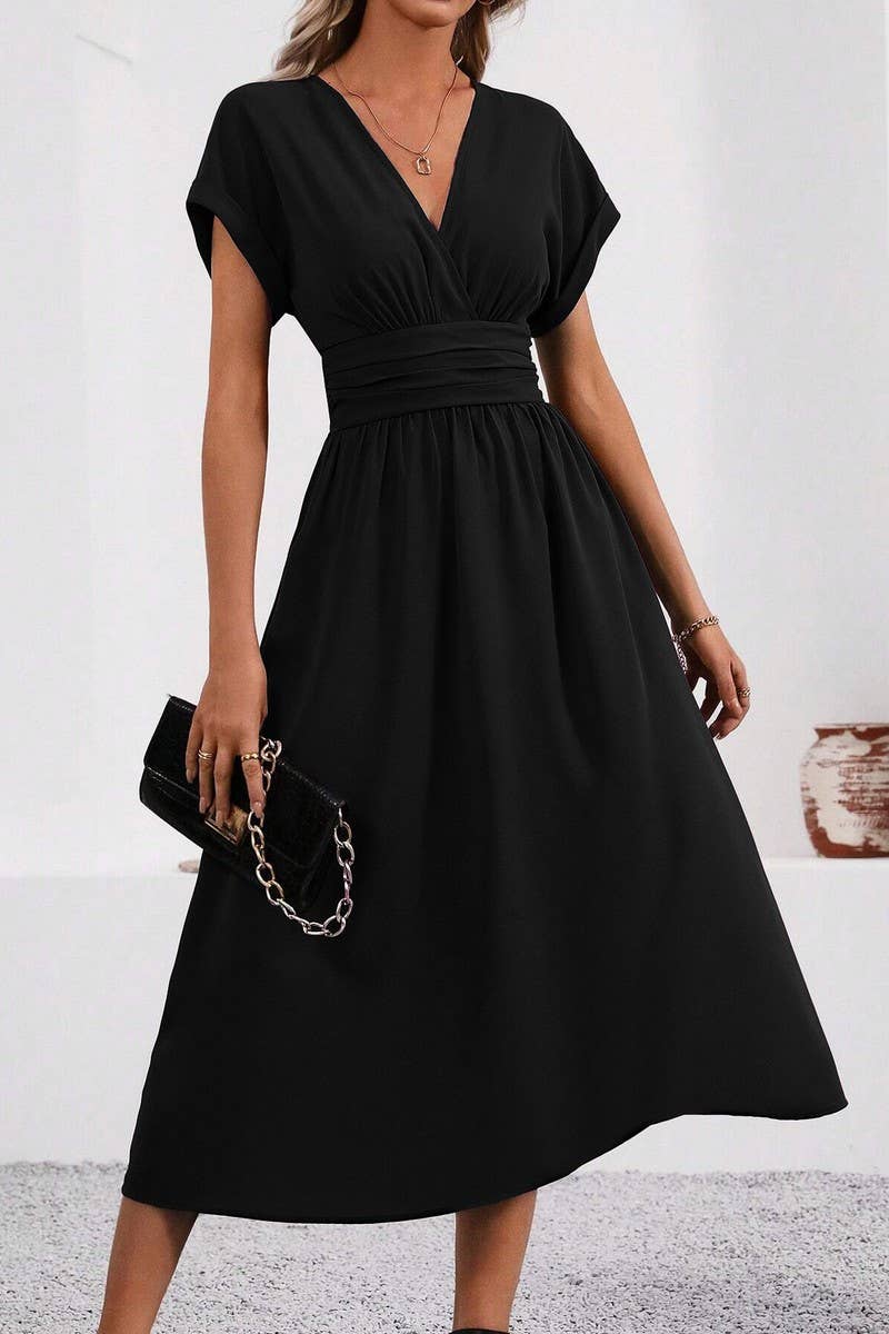 CWDMD4648_SOLID COLOR V-NECK BAT SLEEVE LONG DRESS