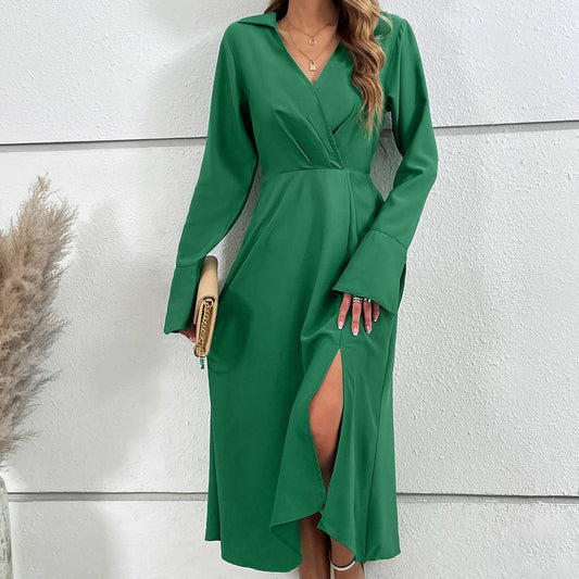 Draping deep v long-sleeved dress