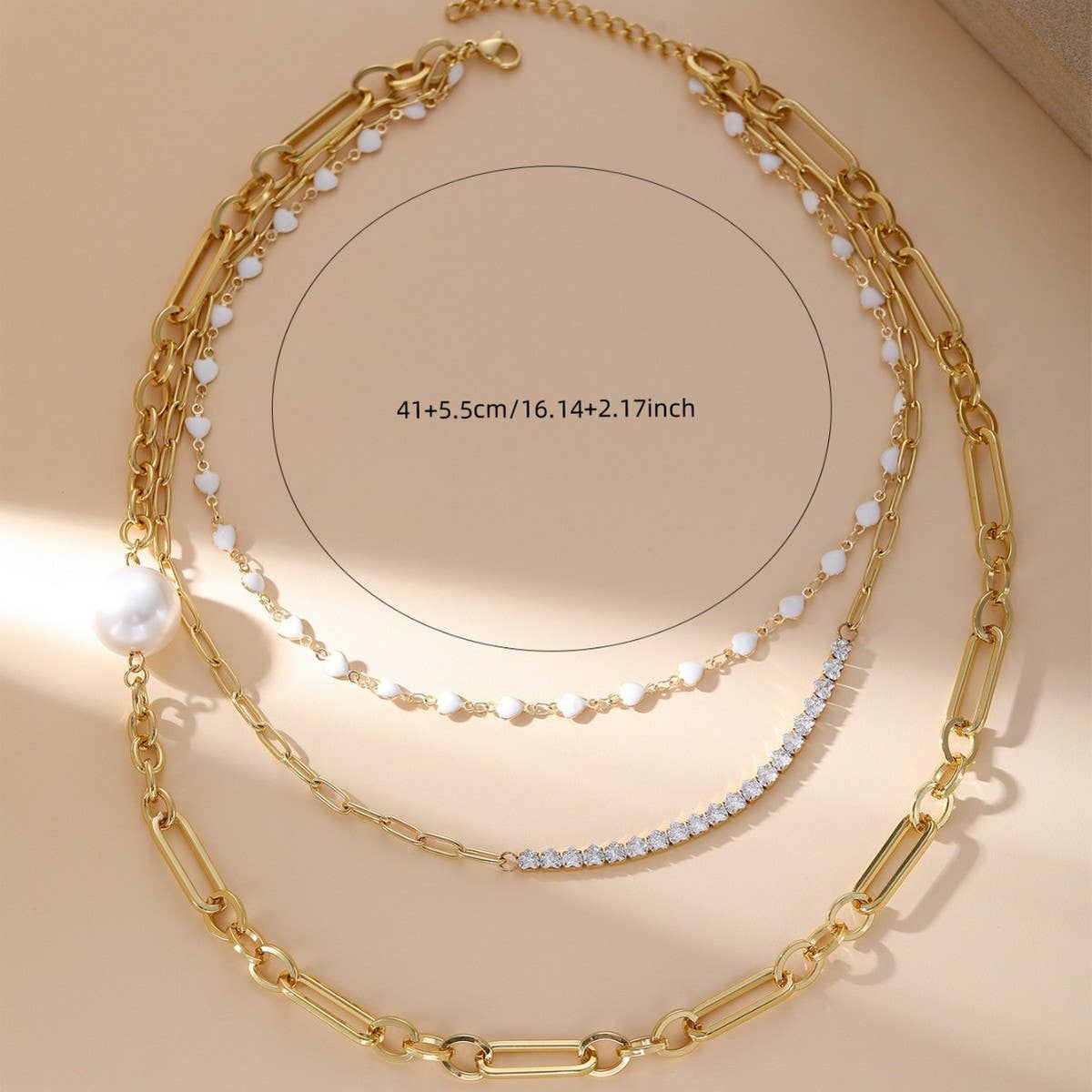 STAINLESS STEEL SMALL PEARL THREE-LAYER NECKLACE_CWMM3581