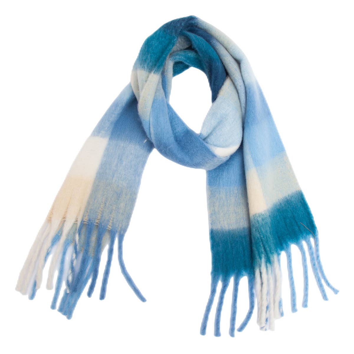 Chunky Plaid Mohair-Look Scarf with Fringes