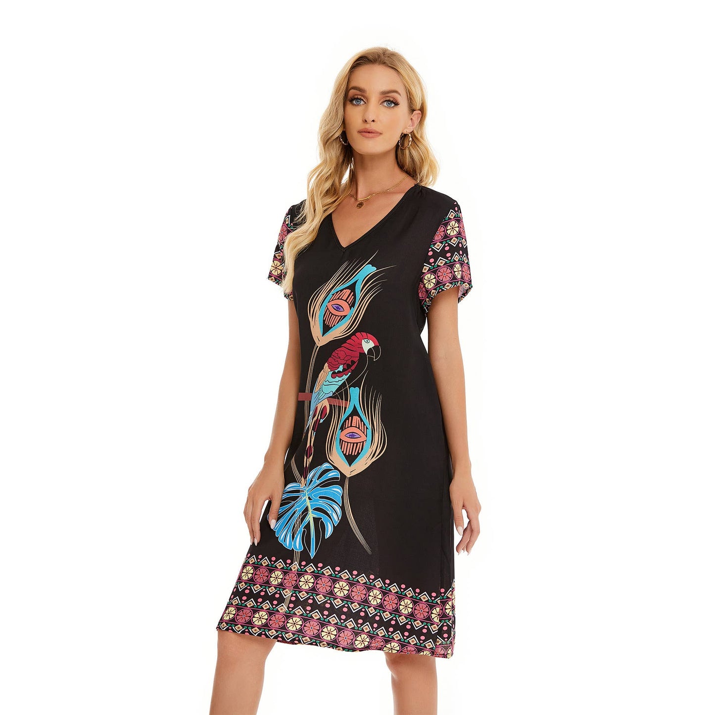 Printed skirt with loose V-neck