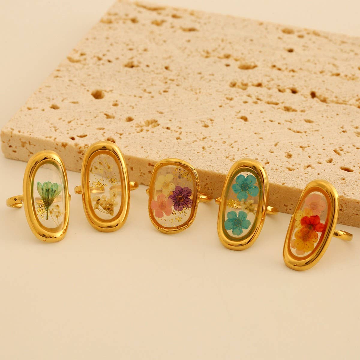 Adjustable Open Ring with Dried Flowers,Multi Color_CWMM8929