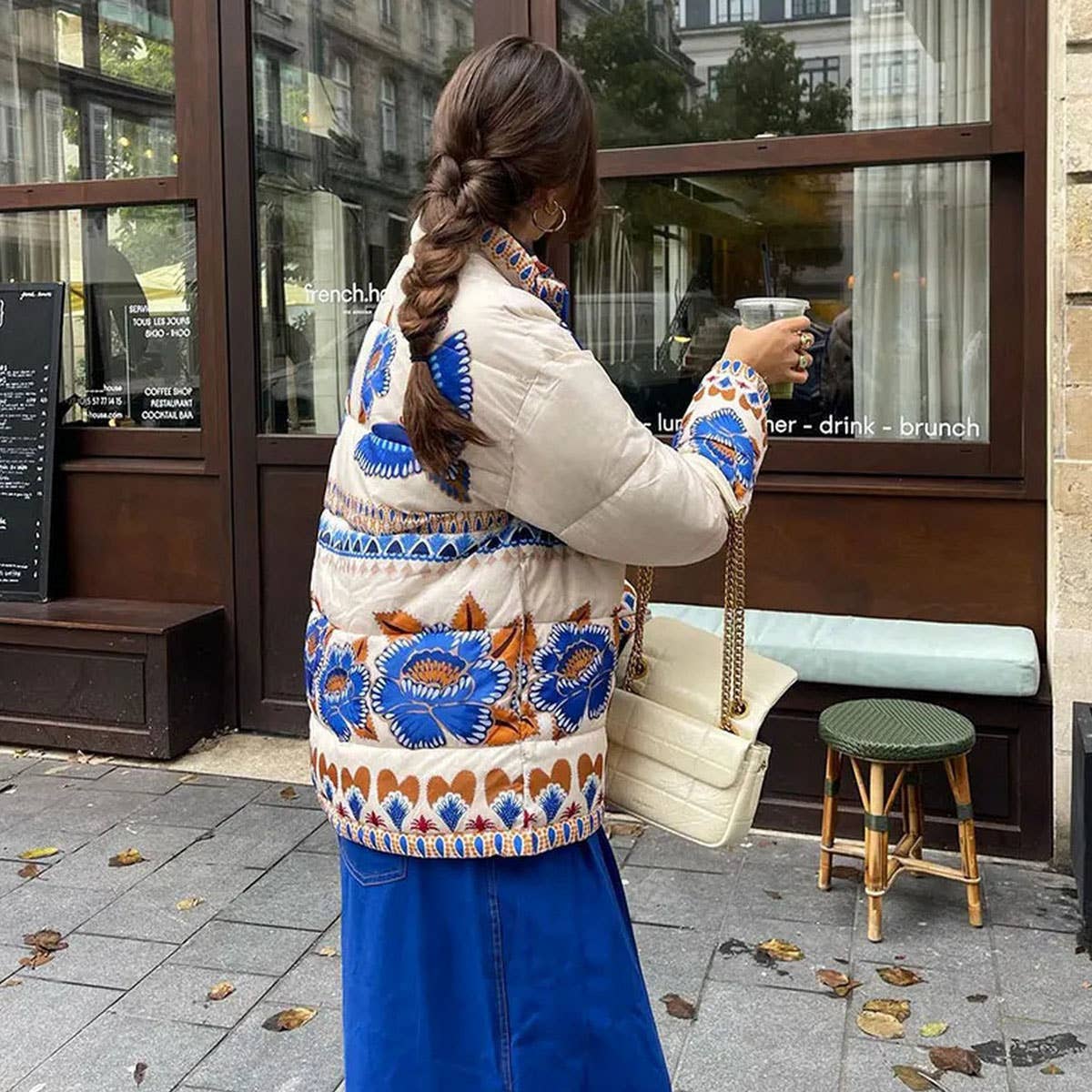 BLUE FLOWER PRINT ZIP-UP QUILTED JACKET_CWOJA1558