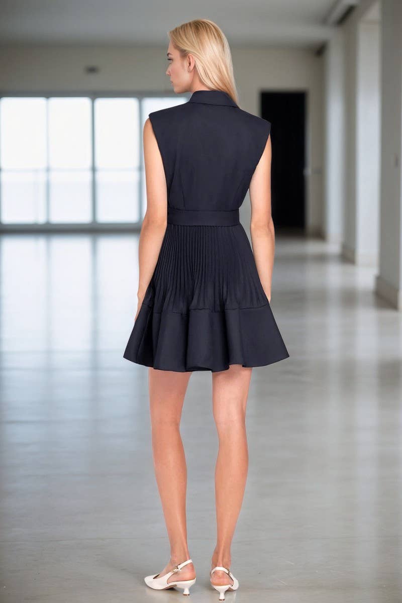 CWDSD8858_SLEEVELESS COLLARED RUCHED SOLID MINI DRESS