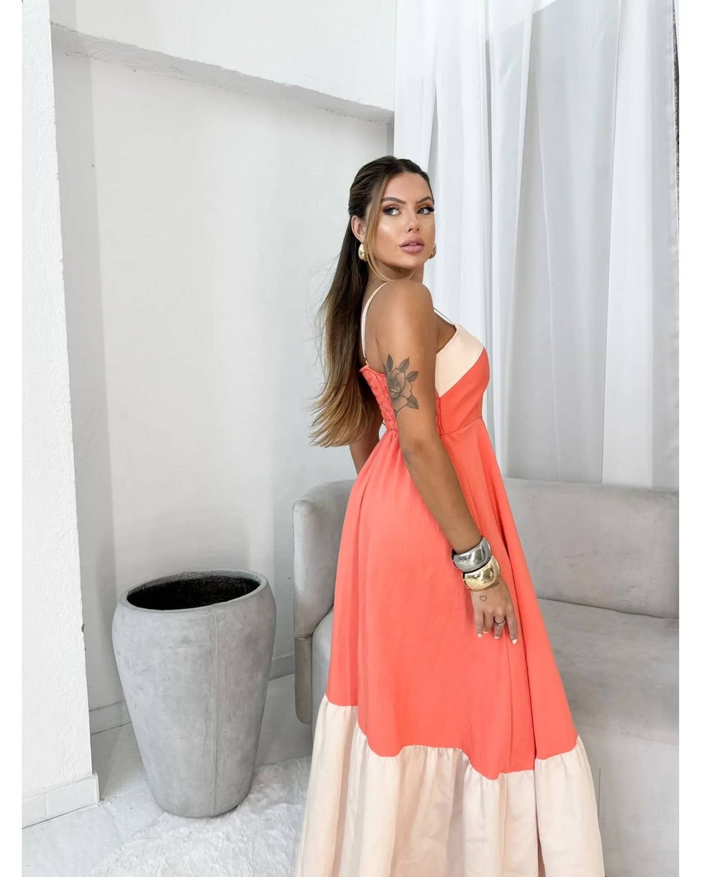 Fashionable long color-blocking halter dress