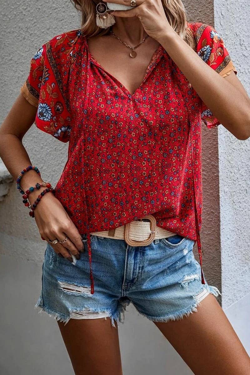 Cwtsts0660_Summer V-Neck Small Floral Casual Loose Shirt